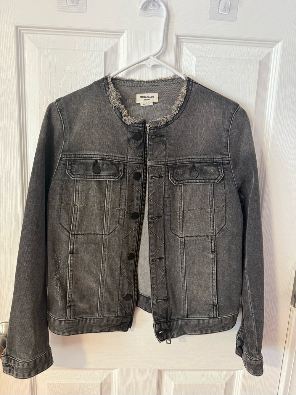 Vintage Zadig & Voltaire Delux Washed Black Denim Jacket with Frayed Collar